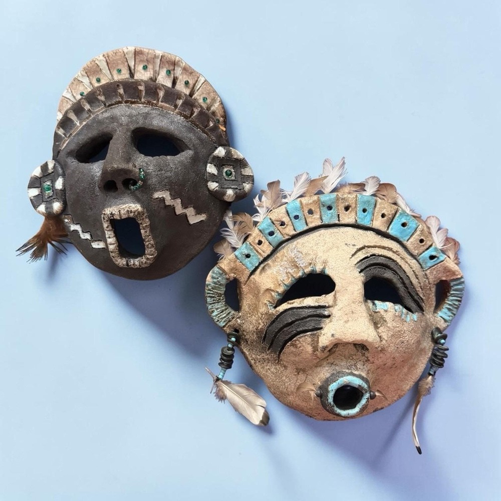 Pair Signed Craig (?) Studio Pottery Ceramic Wall Masks Southwestern Folk Art